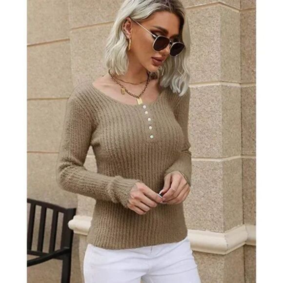 Beige Fuzzy Ribbed Knit Pearl Button Up Henley Long Sleeve Tee Sweater Top - Picture 6 of 8